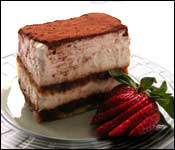 Bakery Bear photograph of an Italian Tiramisu pastry dusted with chocolate cocoa.